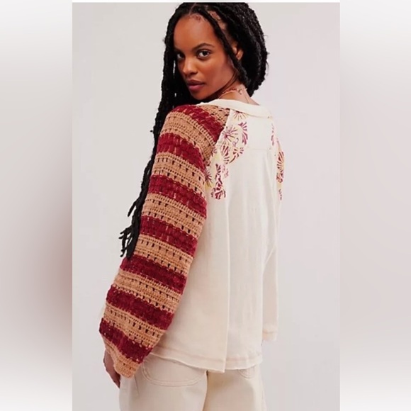 Free People Festival Ready Tee We The Free Crochet Knit Sleeve Ivory Combo - Picture 3 of 5